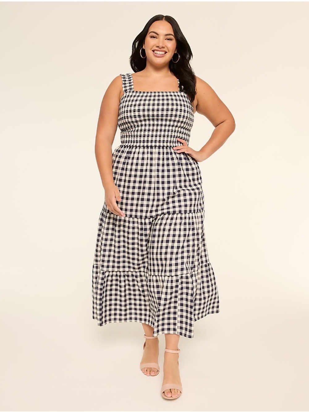 Lane Bryant Navy & White Gingham Tiered Square-Neck Midi Dress